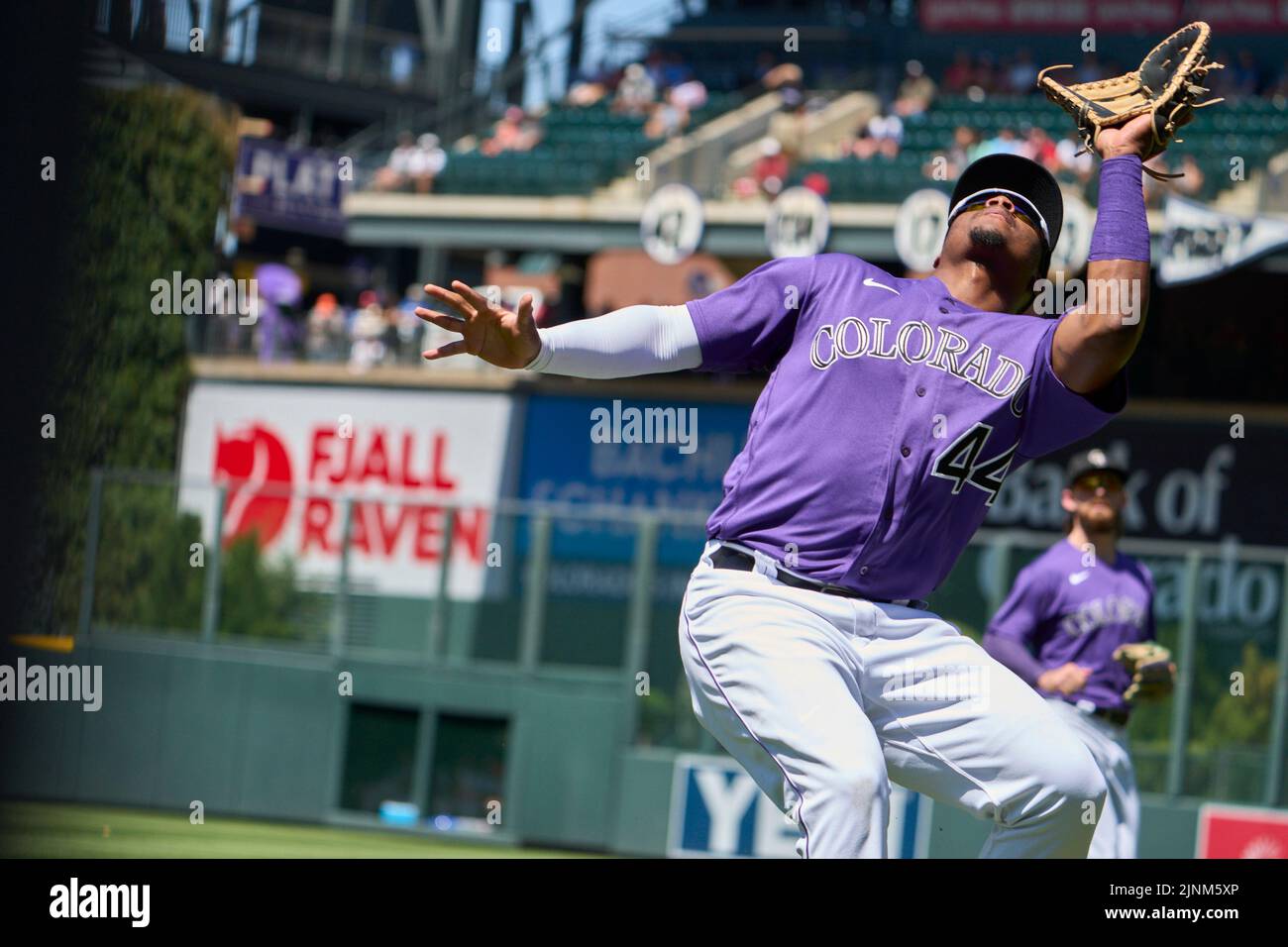 August 11 2022: Colorado first baseman Elehuris Montero (44) trying to make play during the game with Saint Louis Cardinals and Colorado Rockies held at Coors Field in Denver Co. David Seelig/Cal Sport Medi Credit: Cal Sport Media/Alamy Live News Stock Photo