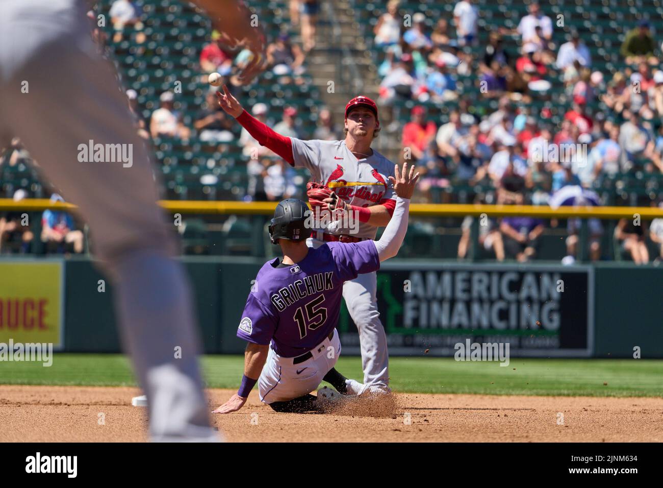 August 11 2022: Saint Louis second baseman Nolan Gorman (16) makes a play during the game with Saint Louis Cardinals and Colorado Rockies held at Coors Field in Denver Co. David Seelig/Cal Sport Medi Credit: Cal Sport Media/Alamy Live News Stock Photo