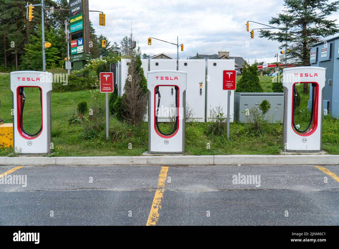 Tesla chargers at shopping mall Bracebridge, Ontario Stock Photo