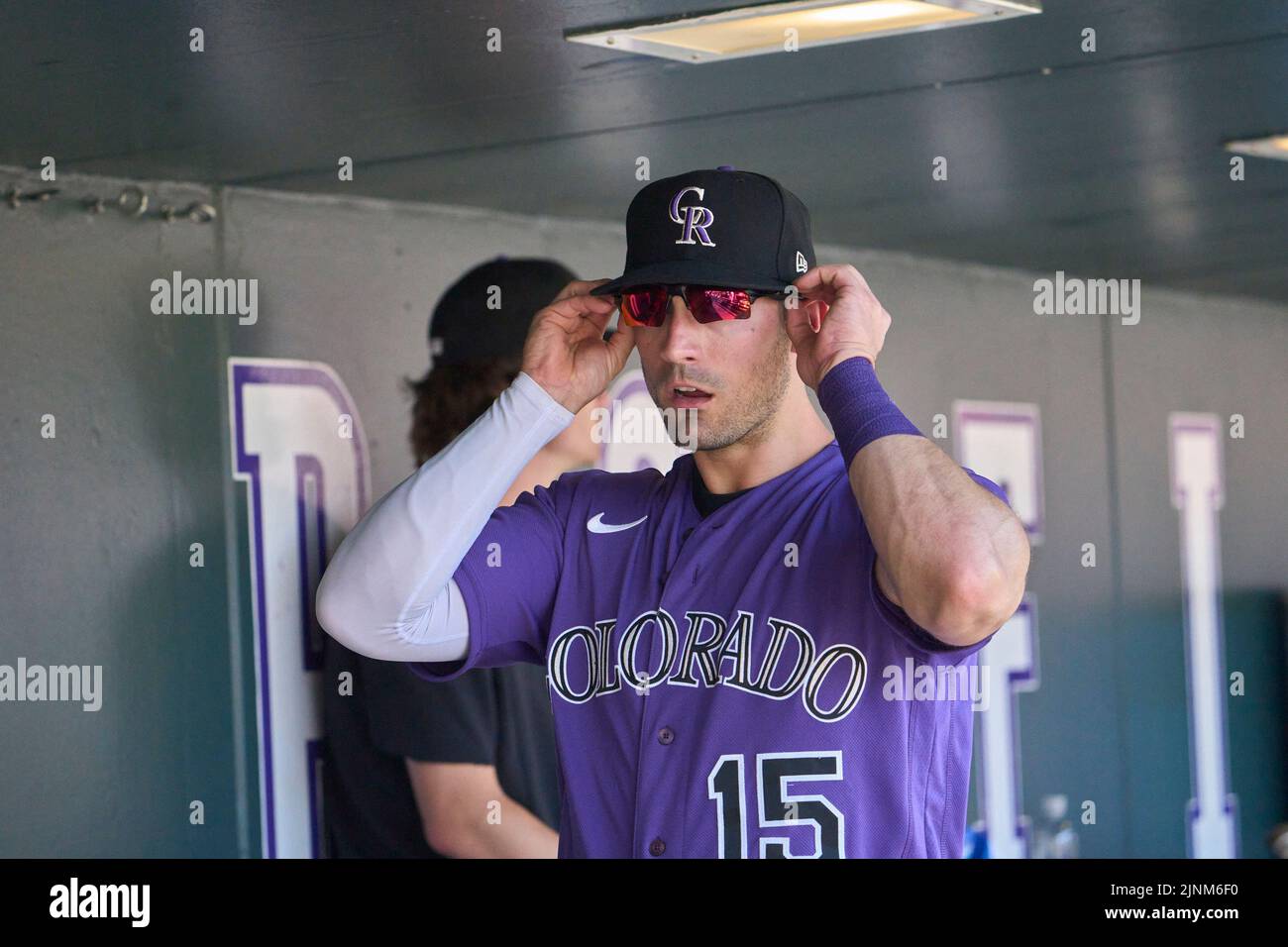 August 11 2022: Colorado right fielder Randal Grichuk (15) adjusting his hat during the game with Saint Louis Cardinals and Colorado Rockies held at Coors Field in Denver Co. David Seelig/Cal Sport Medi Credit: Cal Sport Media/Alamy Live News Stock Photo