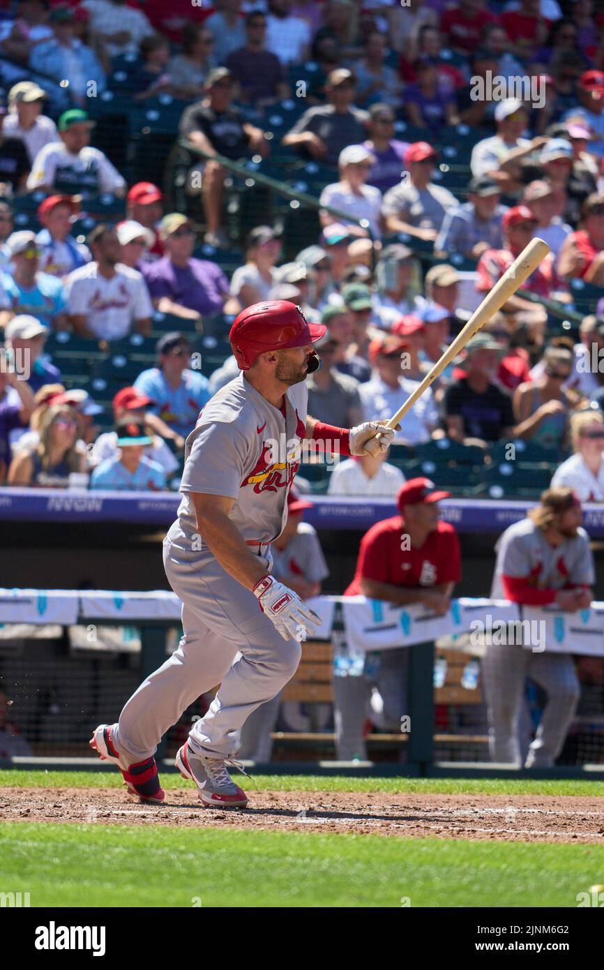 August 11 2022: Saint Louis first baseman Paul Goldschmidt (46) gets a hit during the game with Saint Louis Cardinals and Colorado Rockies held at Coors Field in Denver Co. David Seelig/Cal Sport Medi Credit: Cal Sport Media/Alamy Live News Stock Photo