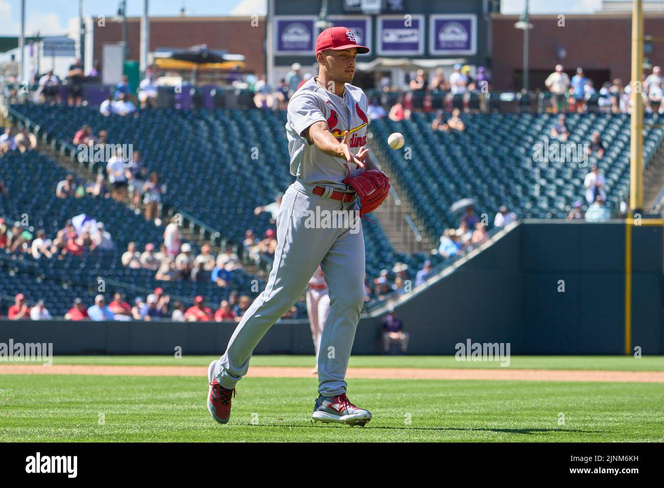 August 11 2022: Saint Louis pitcher Jordan Hicks (12) makes a play during the game with Saint Louis Cardinals and Colorado Rockies held at Coors Field in Denver Co. David Seelig/Cal Sport Medi Credit: Cal Sport Media/Alamy Live News Stock Photo