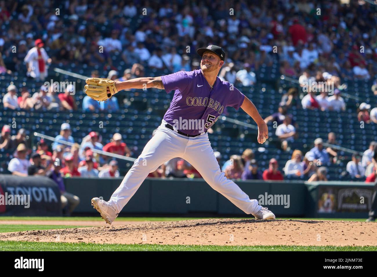 August 11 2022: Colorado pitcher Lucas Gilbreath (58) throws a pitch during the game with Saint Louis Cardinals and Colorado Rockies held at Coors Field in Denver Co. David Seelig/Cal Sport Medi Credit: Cal Sport Media/Alamy Live News Stock Photo