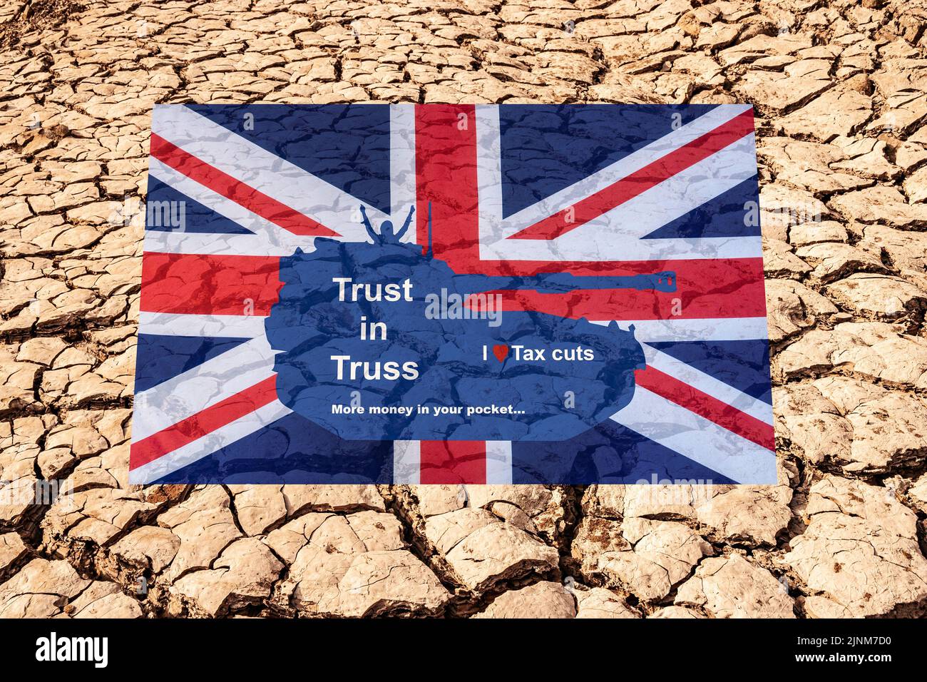 Liz Truss in tank on UK flag and cracked earth, drought, background. Tax cuts, climate change tory, Conservative party leadership campaign concept. Stock Photo