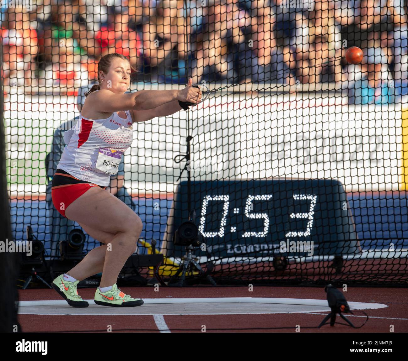 Anna Purchase of England competing in the women’s hammer final at the