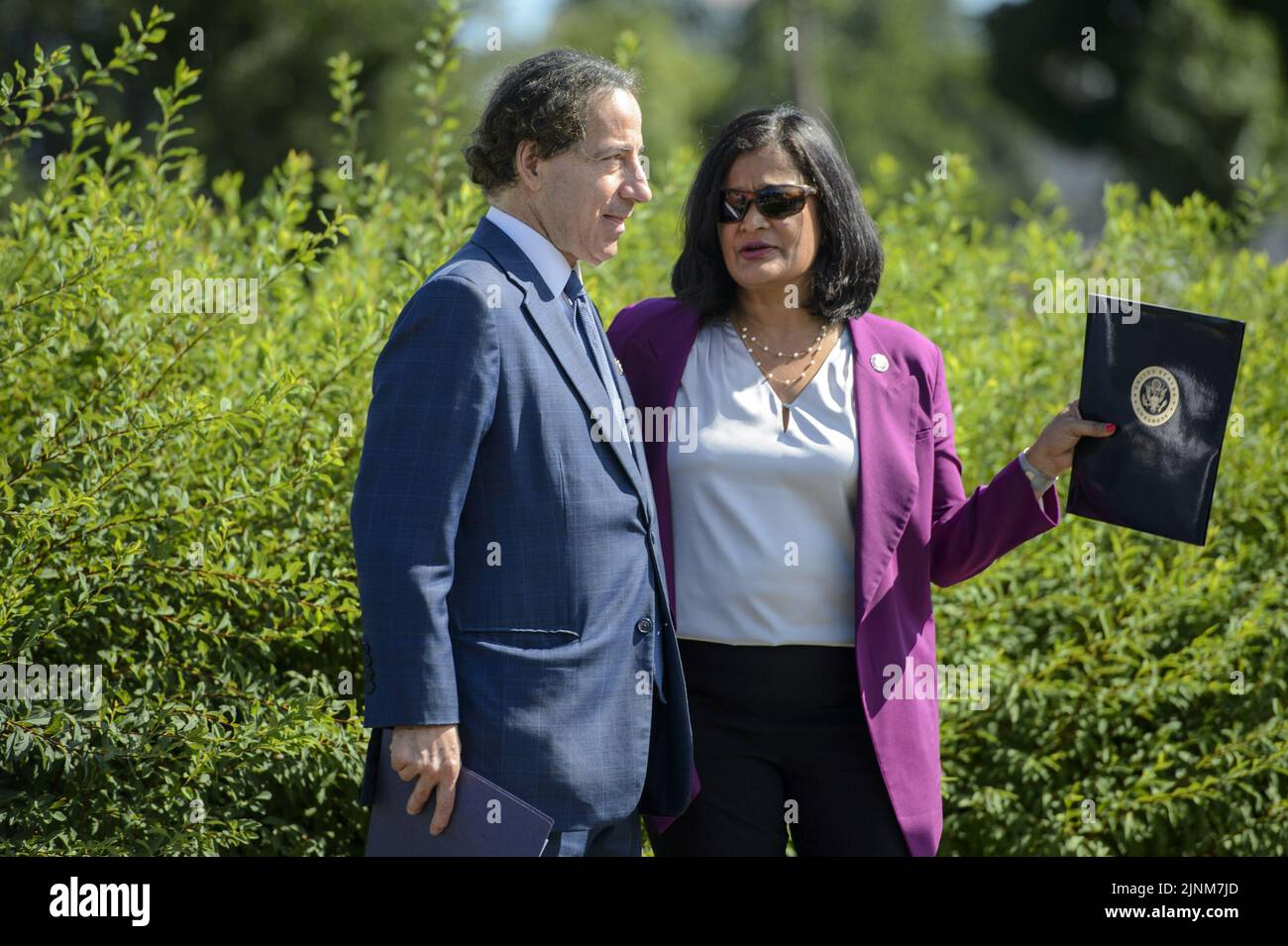 Washington DC, USA. 12th Aug, 2022. Vice Chair for Policy of the House Progressive Caucus Jamie Raskin, D-MD, speaks with Chair Pramila Jayapal, D-WA, ahead of a press conference with other members on the Inflation Reduction Act ahead of the vote at the U.S. Capitol in Washington, DC on Friday, August 12, 2022. Photo by Bonnie Cash/UPI Credit: UPI/Alamy Live News Stock Photo