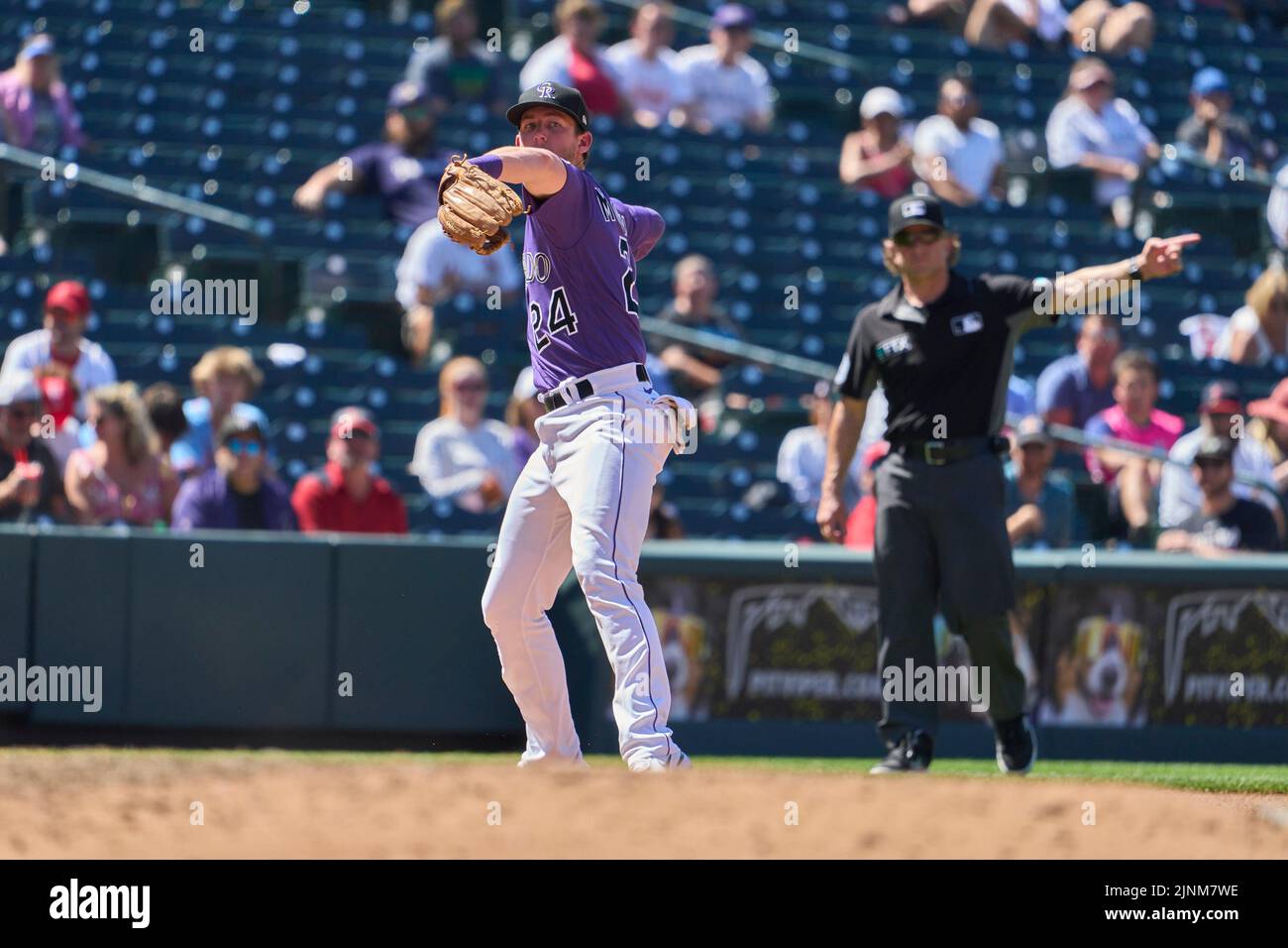 August 11 2022: Colorado third baseman Ryan McMahon (24) makes a play during the game with Saint Louis Cardinals and Colorado Rockies held at Coors Field in Denver Co. David Seelig/Cal Sport Medi Credit: Cal Sport Media/Alamy Live News Stock Photo