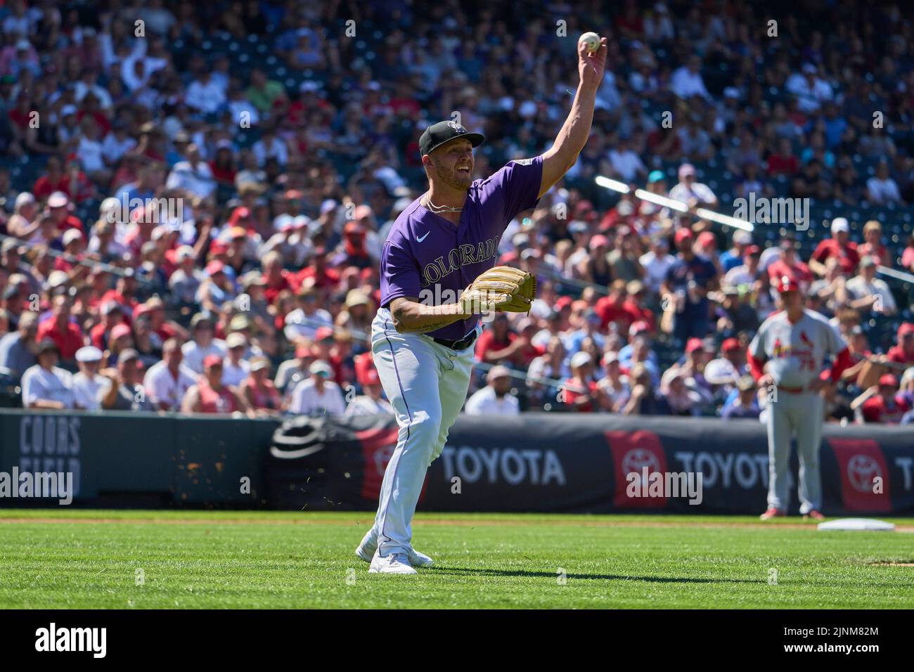 August 11 2022: Colorado pitcher Lucas Gilbreath 58) makes a play during the game with Saint Louis Cardinals and Colorado Rockies held at Coors Field in Denver Co. David Seelig/Cal Sport Medi Credit: Cal Sport Media/Alamy Live News Stock Photo