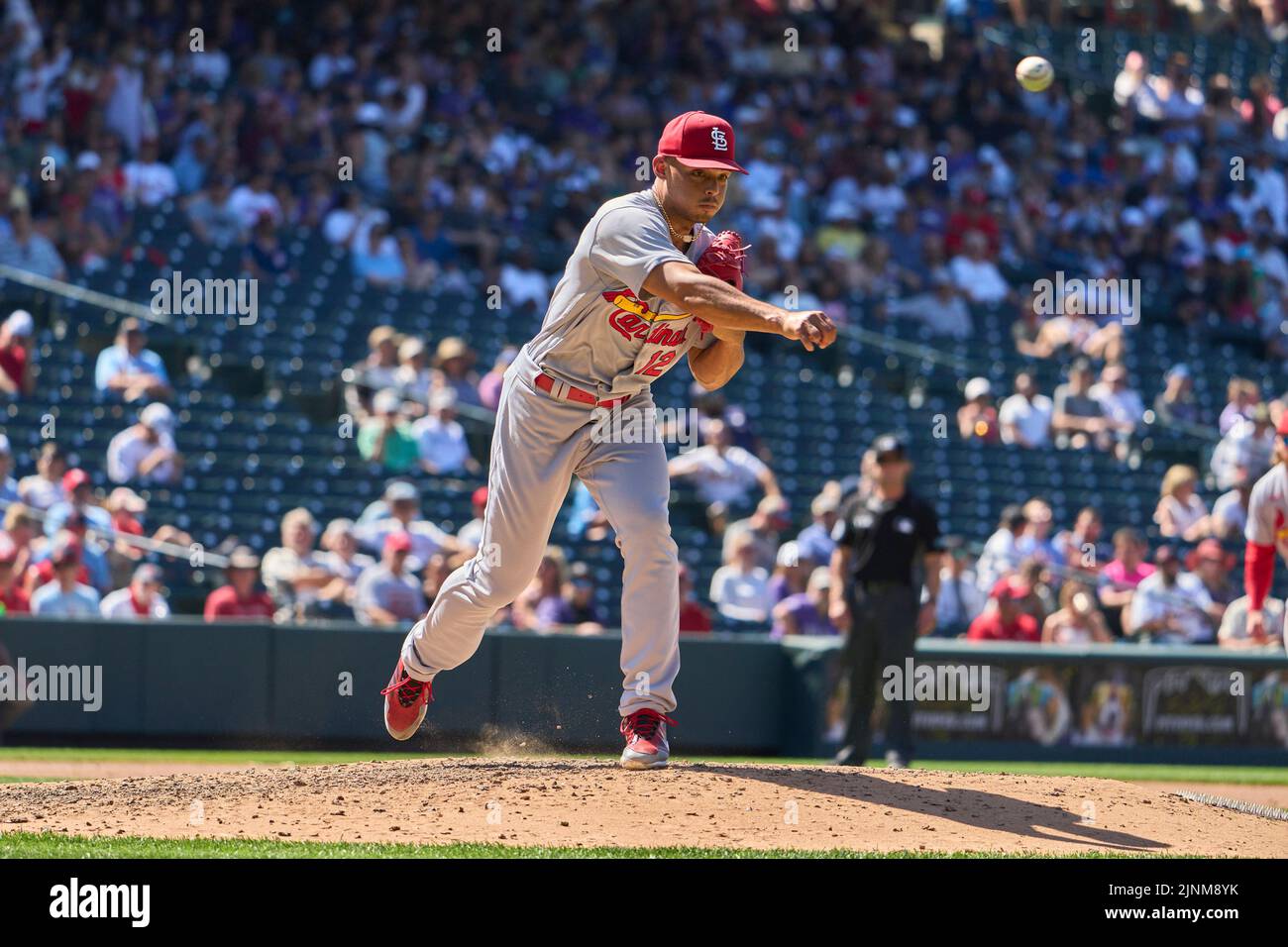 August 11 2022: Saint Louis pitcher Jordan Hicks (12) throws to first during the game with Saint Louis Cardinals and Colorado Rockies held at Coors Field in Denver Co. David Seelig/Cal Sport Medi Credit: Cal Sport Media/Alamy Live News Stock Photo