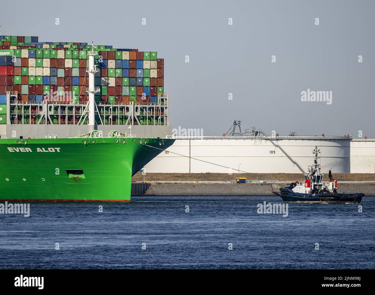 Rotterdam, Netherlands. 12th Aug, 2022. 2022-08-12 18:31:52 ROTTERDAM - The Ever Alot arrives in the port of Rotterdam. The largest container ship in the world is 400 meters long and 61.5 meters wide and sails for shipping company Evergreen. The vessel, which was only commissioned this year, can carry just over 24,000 standard containers. ANP REMKO DE WAAL netherlands out - belgium out Credit: ANP/Alamy Live News Stock Photo