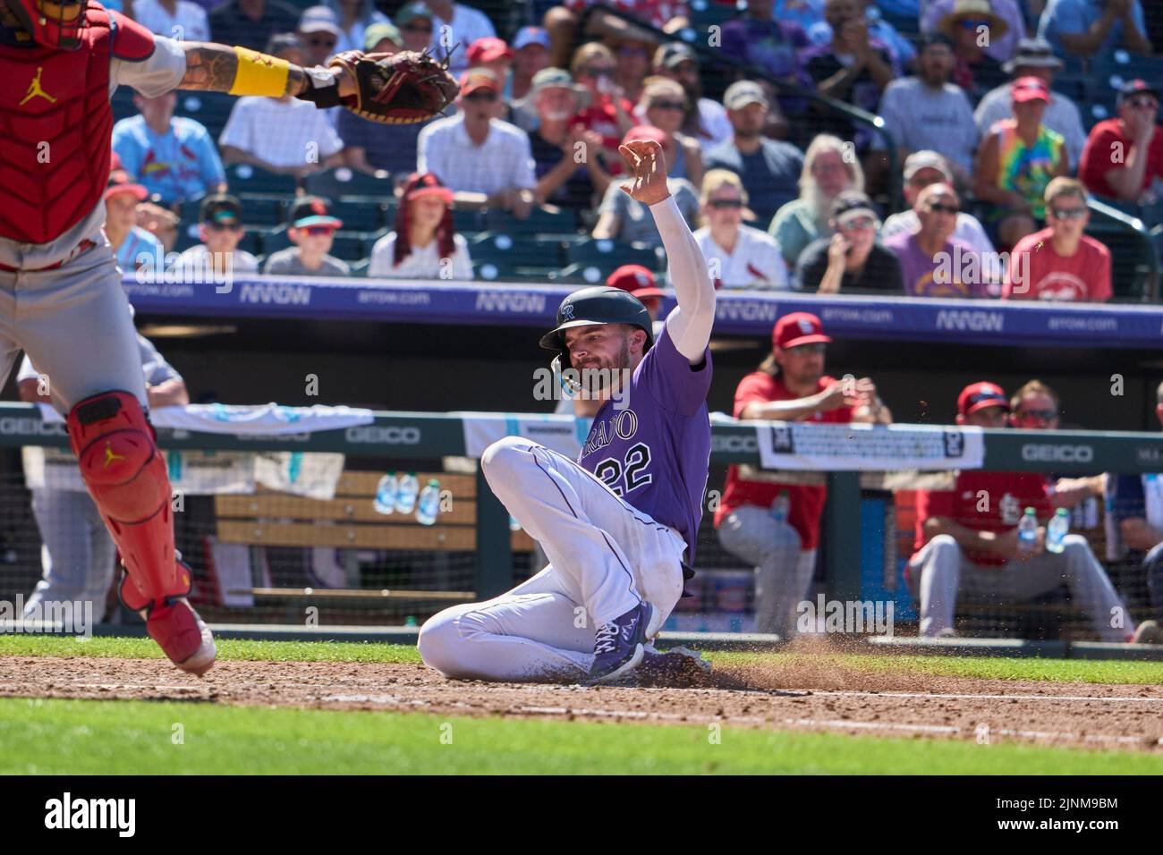 August 11 2022: Colorado left fielder Sam Hilliard (22) runs home safely during the game with Saint Louis Cardinals and Colorado Rockies held at Coors Field in Denver Co. David Seelig/Cal Sport Medi Credit: Cal Sport Media/Alamy Live News Stock Photo