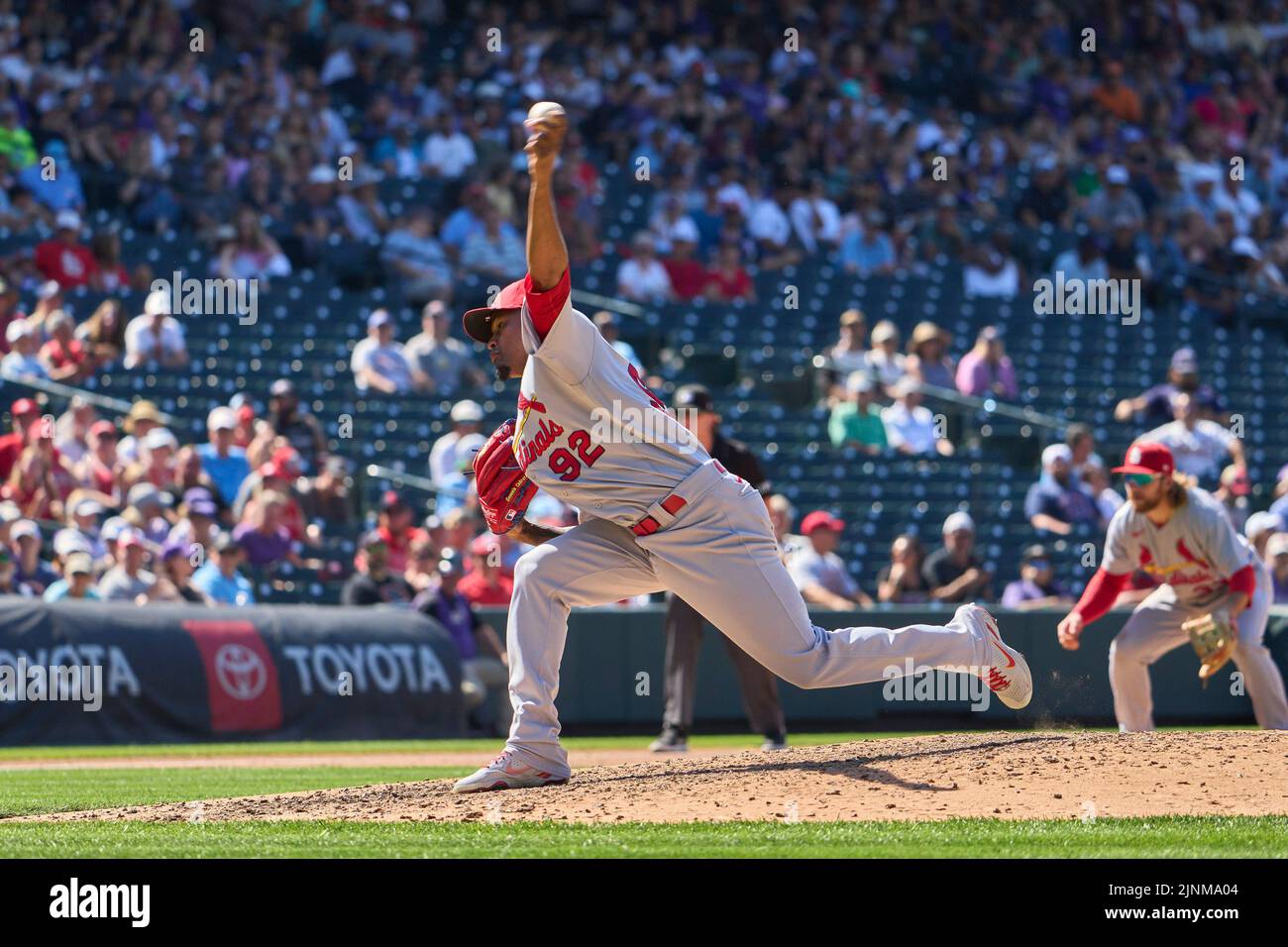 August 11 2022: Saint Louis pitcher Génesis Cabrera (92) makes a play during the game with Saint Louis Cardinals and Colorado Rockies held at Coors Field in Denver Co. David Seelig/Cal Sport Medi Credit: Cal Sport Media/Alamy Live News Stock Photo