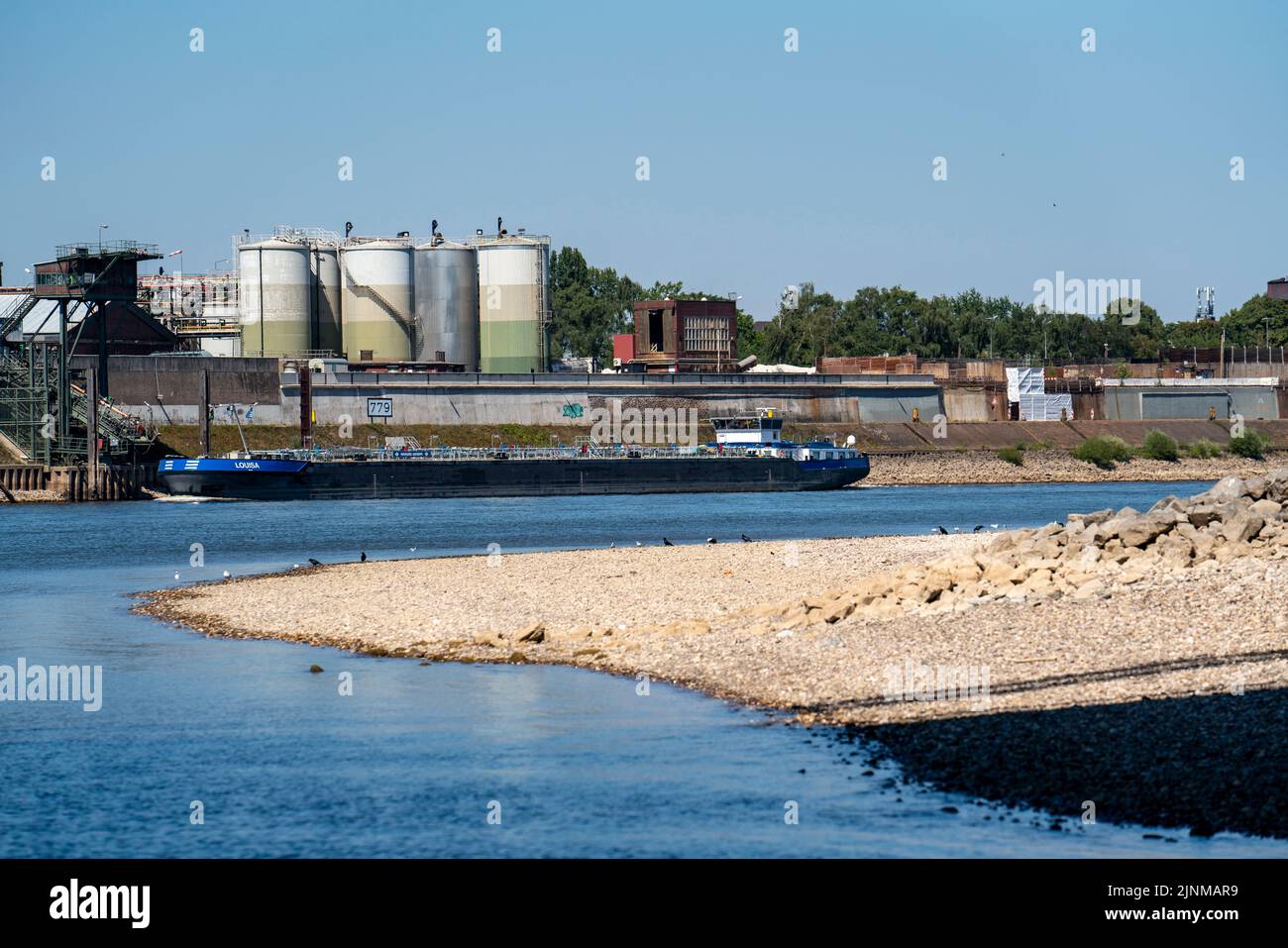 Rhine near Duisburg, extremely low water, Rhine level at 168 cm, tendency falling, after the long drought the right bank of the Rhine, near Duisburg-N Stock Photo