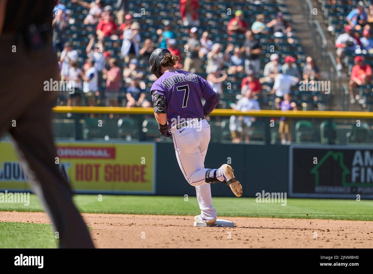 August 11 2022: Colorado second baseman Brendan Rodgers (7) hits a homer during the game with Saint Louis Cardinals and Colorado Rockies held at Coors Field in Denver Co. David Seelig/Cal Sport Medi Credit: Cal Sport Media/Alamy Live News Stock Photo