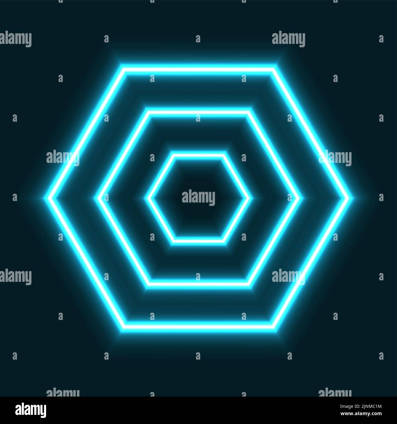 Three hexagons, turquoise colored and with neon glow effect, on a black background. Horizontal polygons, with six sides each. Stock Photo