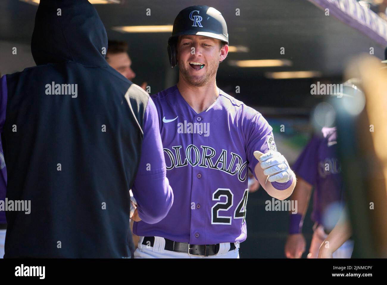 August 11 2022: Colorado third baseman Ryan McMahon (24) hits a homer during the game with Saint Louis Cardinals and Colorado Rockies held at Coors Field in Denver Co. David Seelig/Cal Sport Medi Credit: Cal Sport Media/Alamy Live News Stock Photo