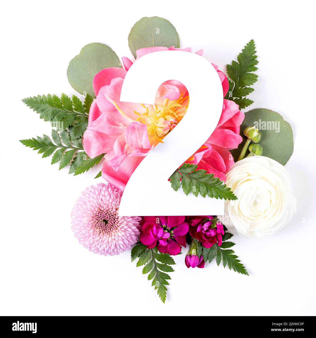Creative layout with colorful flowers, leaves and number two isolated on white background. Anniversary concept. Flat lay. Stock Photo