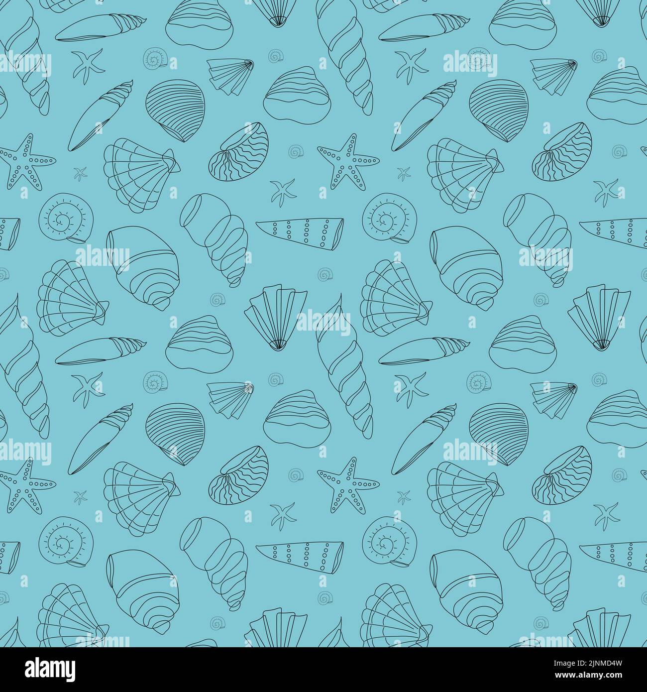 Seamless pattern from seashells in a contour on a blue background ...
