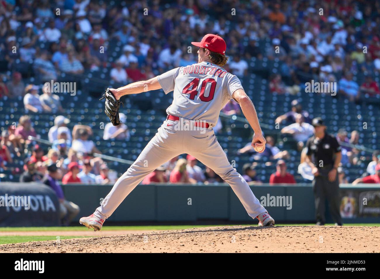August 11 2022: Saint Louis pitcher Jake Woodford 40) throws a pitch during the game with Saint Louis Cardinals and Colorado Rockies held at Coors Field in Denver Co. David Seelig/Cal Sport Medi Credit: Cal Sport Media/Alamy Live News Stock Photo
