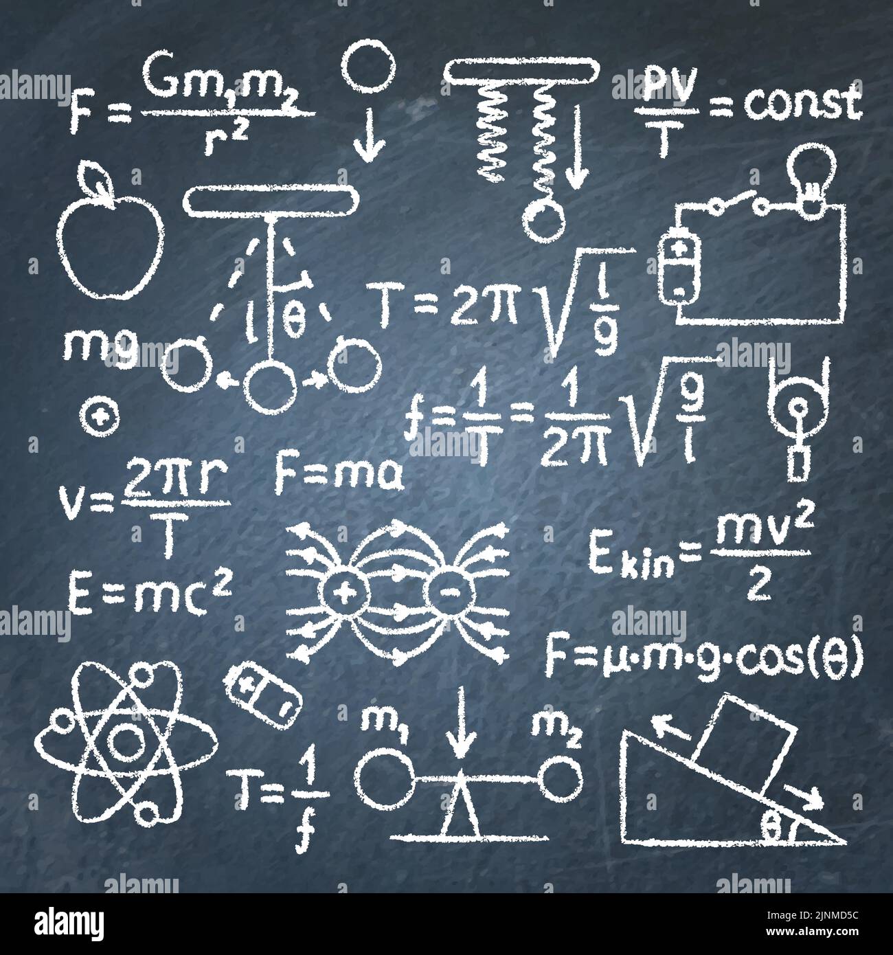 Physics chalkboard banner with formulas. Physical equations and laws on blackboard. Vector
