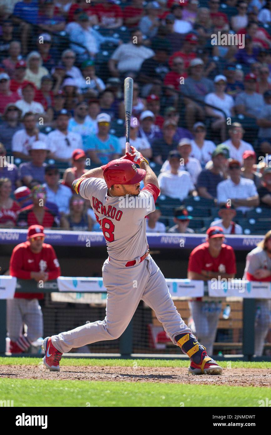 August 11 2022: Saint Louis designated hitter Nolan Arenado (28) hits a homer during the game with Saint Louis Cardinals and Colorado Rockies held at Coors Field in Denver Co. David Seelig/Cal Sport Medi Credit: Cal Sport Media/Alamy Live News Stock Photo