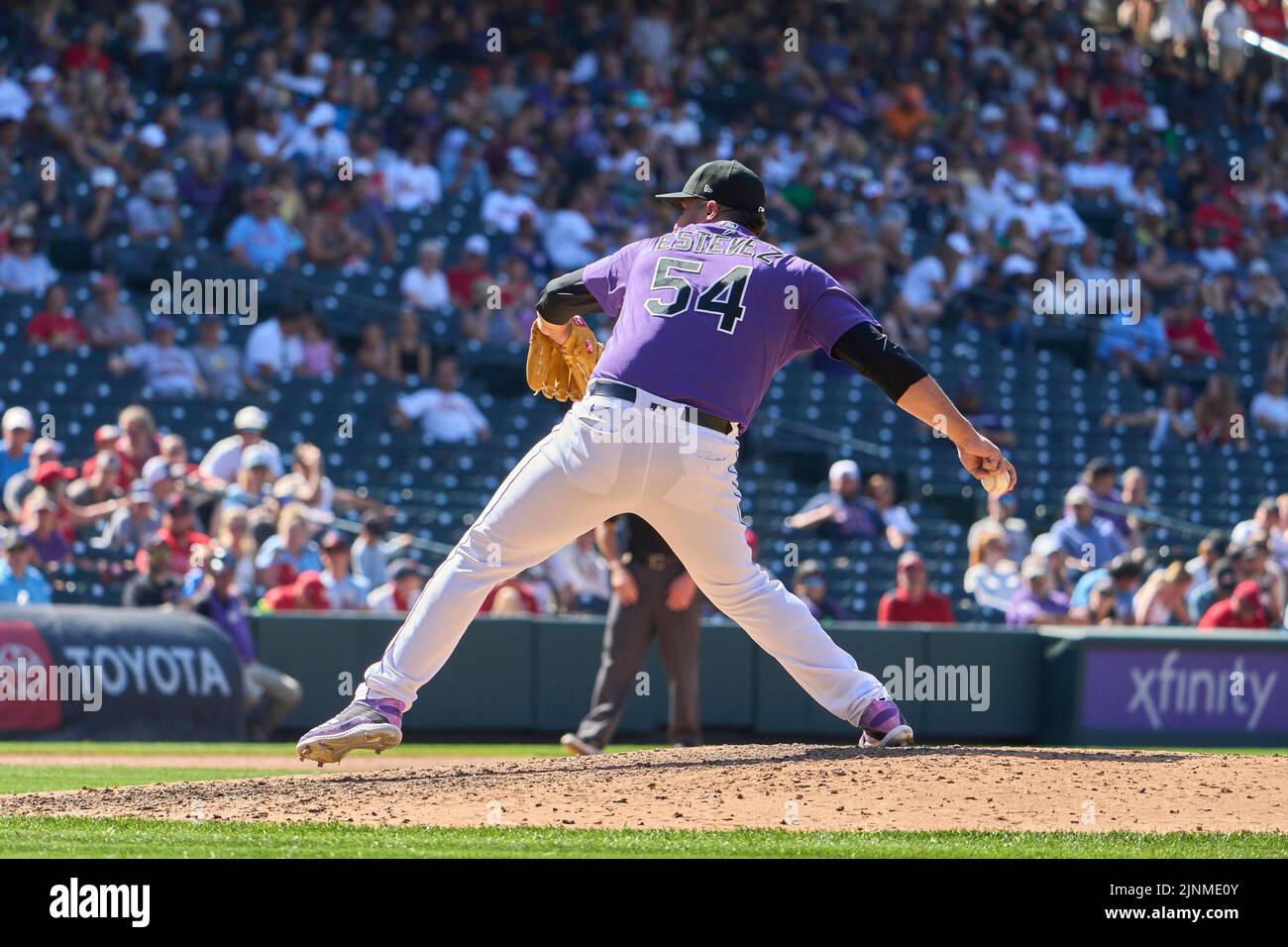 August 11 2022: Colorado pitcher Carlos Estevez 54) throws a pitch during the game with Saint Louis Cardinals and Colorado Rockies held at Coors Field in Denver Co. David Seelig/Cal Sport Medi Credit: Cal Sport Media/Alamy Live News Stock Photo
