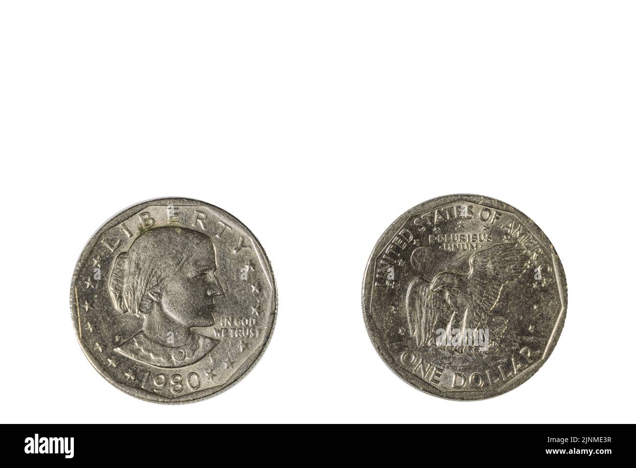 Close up view of front and back side of one USA dollar silver coin dated 1980. Numismatic concept. Stock Photo