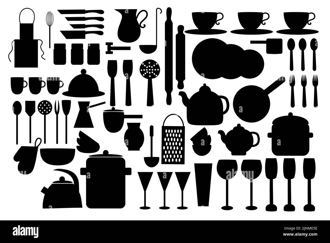 Black color utensils and kitchen utensils icons set. Flat vector ...