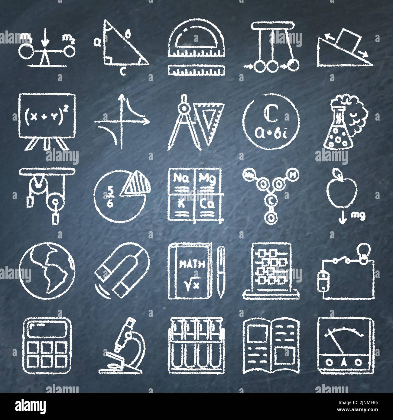 Education icon set on blackboard. Chalkboard school and learning symbols. Vector illustration. Stock Vector