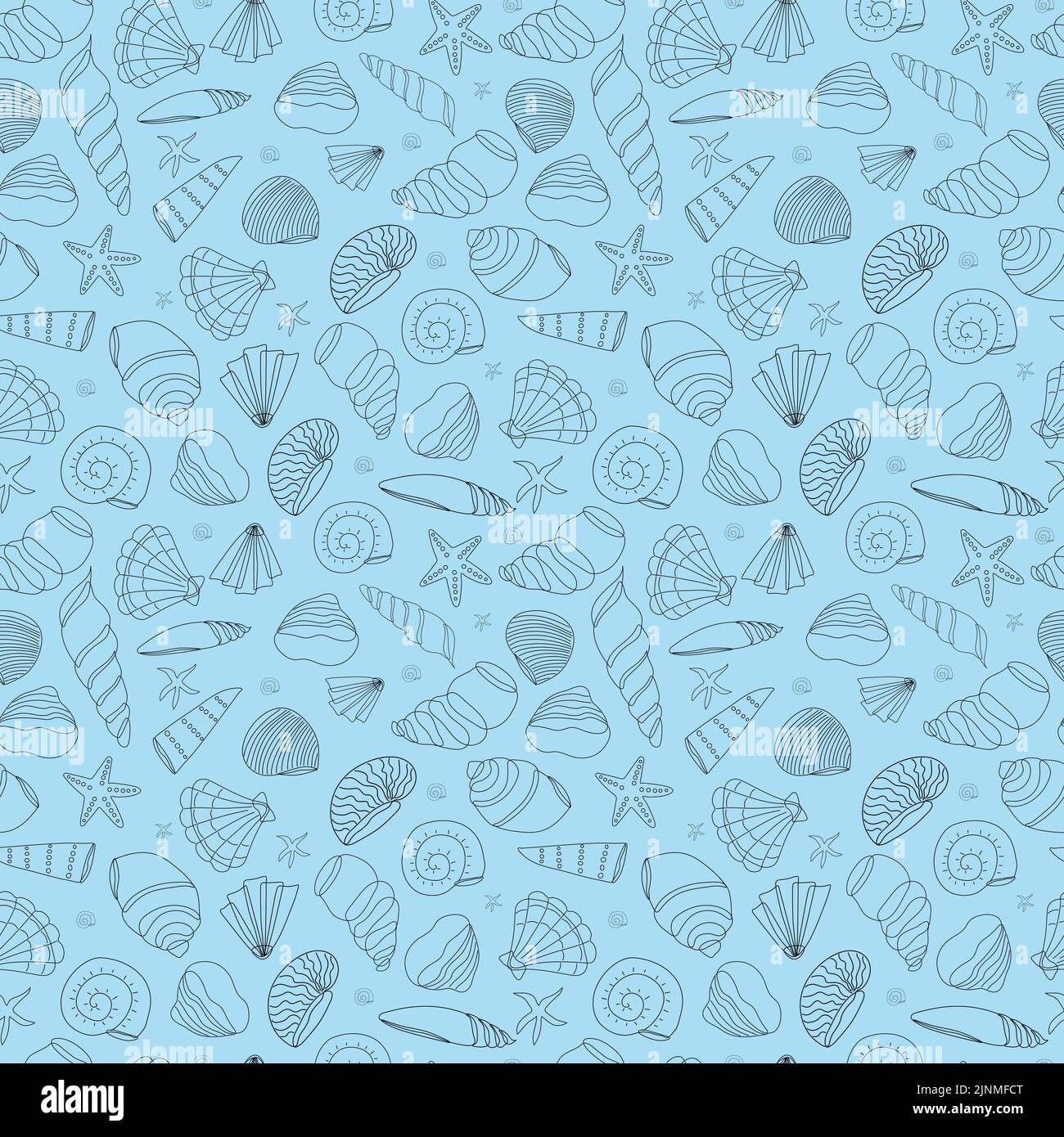 Seamless pattern from seashells in a contour on a blue background ...