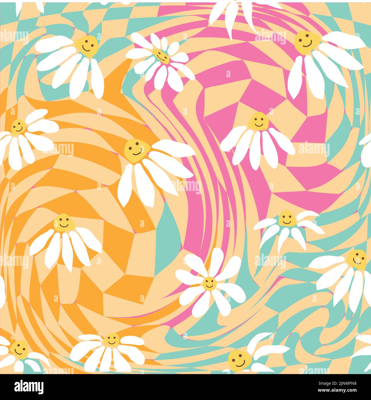Groovy daisy retro seamless pattern. Retro Smile Chamomile Pattern on ...