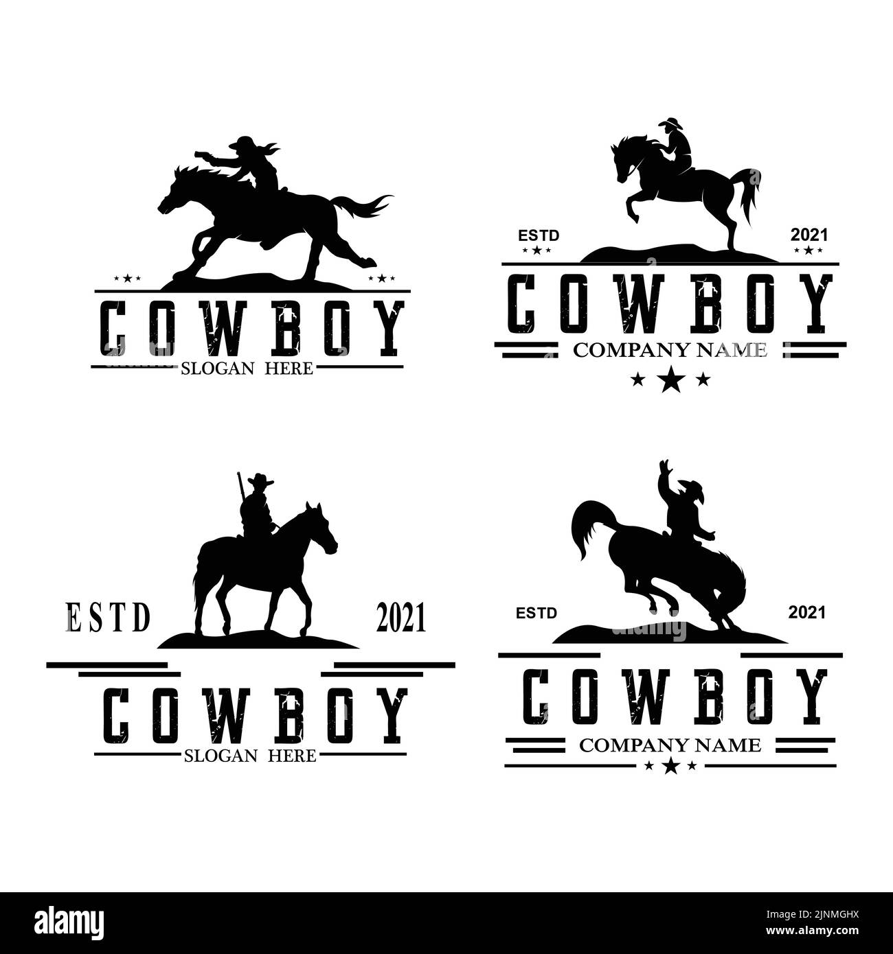 Cowboy Man Riding Horse Powerfully Silhouette at Sunset, icon logo design Stock Vector