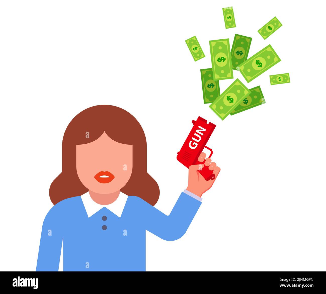 girl shoots money from a toy gun. waste of money for a woman. flat vector illustration Stock Vector