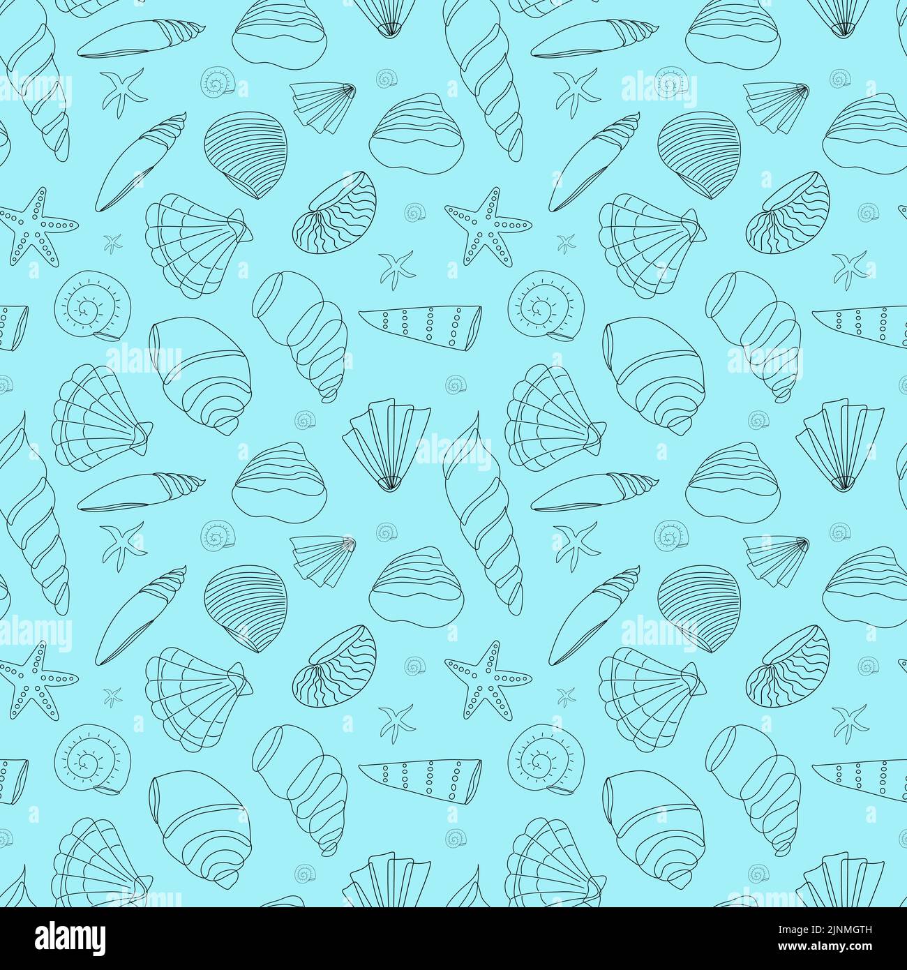Seamless pattern from seashells in a contour on a blue background ...