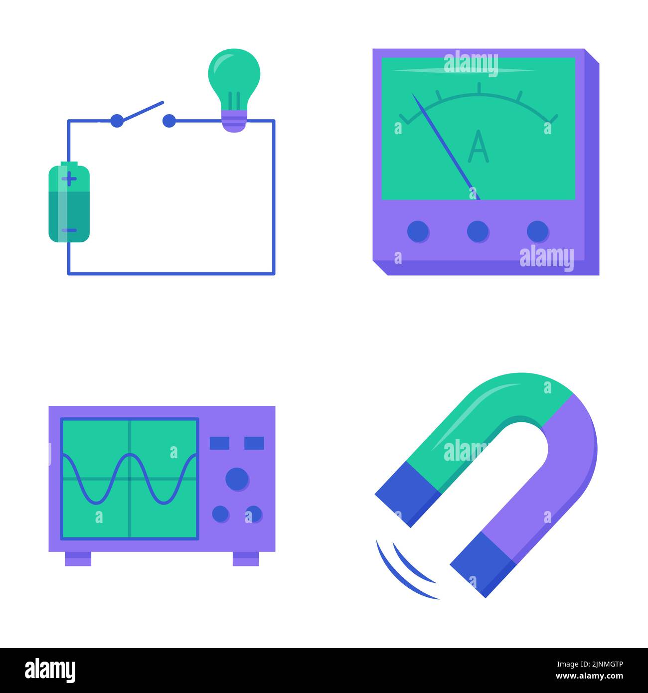 Physics icon set in flat style. Electric circuit scheme, magnetic force, ammeter and oscilloscope symbols. Vector illustration. Stock Vector