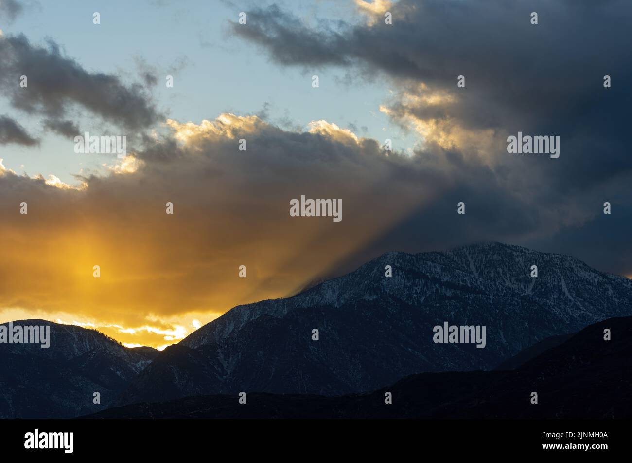 Sun rays over the San Gabriel Mountains near the Cajon Pass in