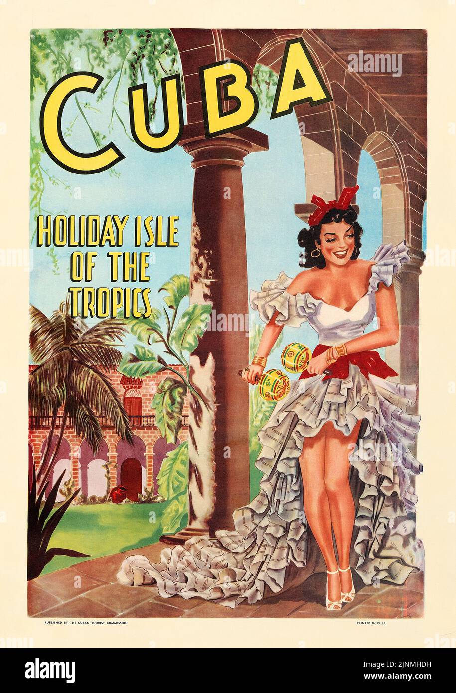 Cuba (Cuban Tourist Commission, 1949). Vintage Cuba Travel Poster feat. a beautiful native woman. 'Holiday Isle of the Tropics'. Stock Photo