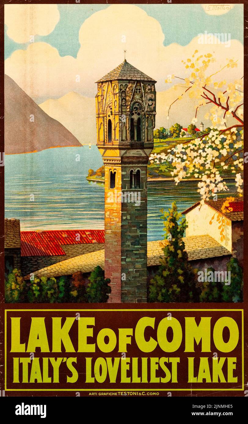 Lake of Como Italy's Loveliest lake, Italy Travel Poster (Arti Grafiche Testoni & C., Como, Italy, 1920s) Stock Photo