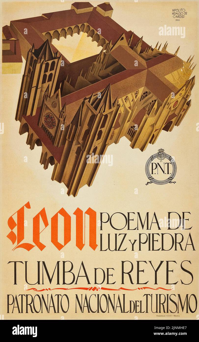 Leon, Spain Travel Poster (P.N.T., 1929) Poema de Luz y Piedra, Tumba de Reyes. Patronato Nacional del Turismo. Stock Photo