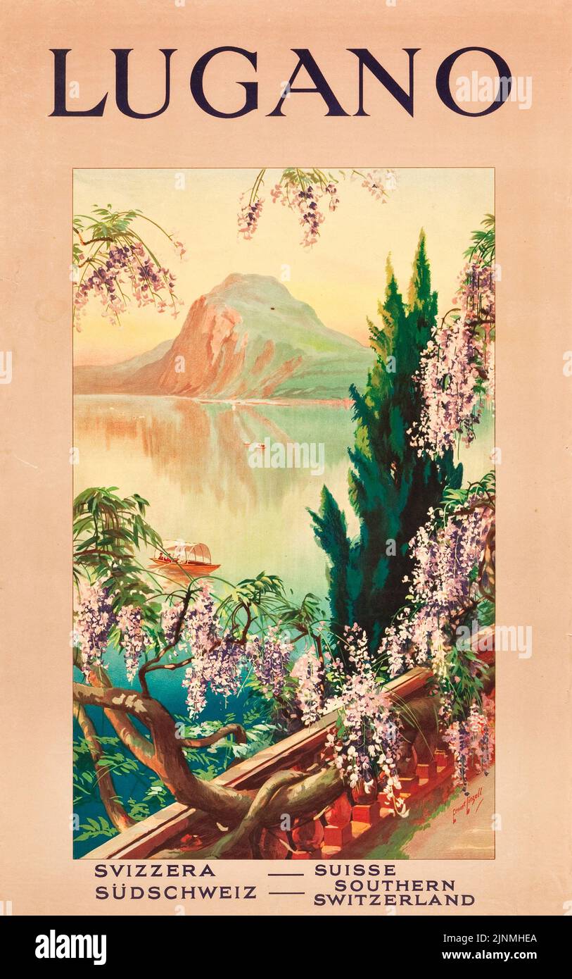 Lugano, Switzerland Travel Poster (1920s) Switzerland, Suisse, Swiss, Schweiz, Svizzera. Stock Photo