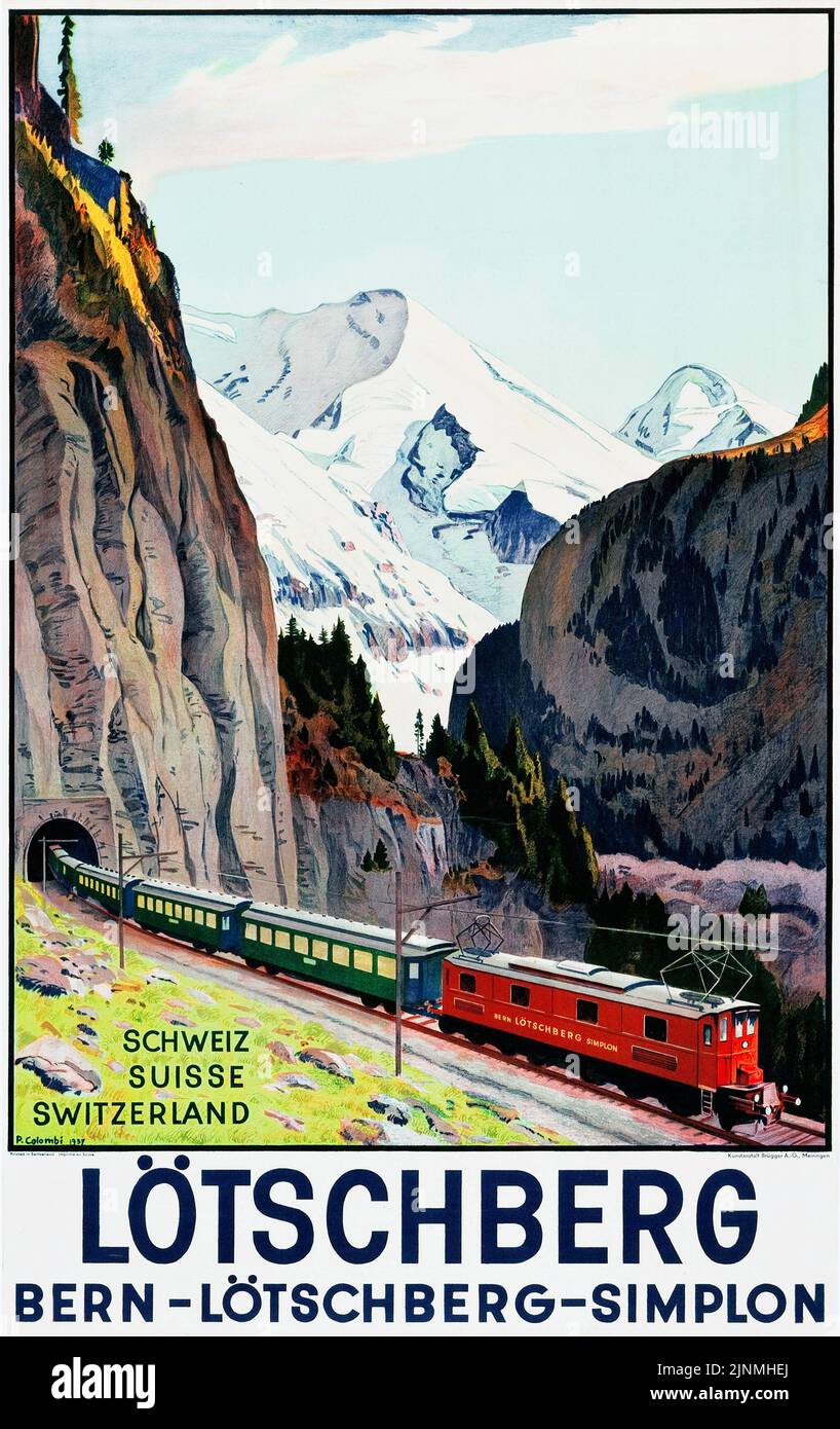 Lötschberg, Switzerland Travel Poster (Kunstanstalt Brugger AG, Meiringen, 1937) Loetschberg Railway. Stock Photo