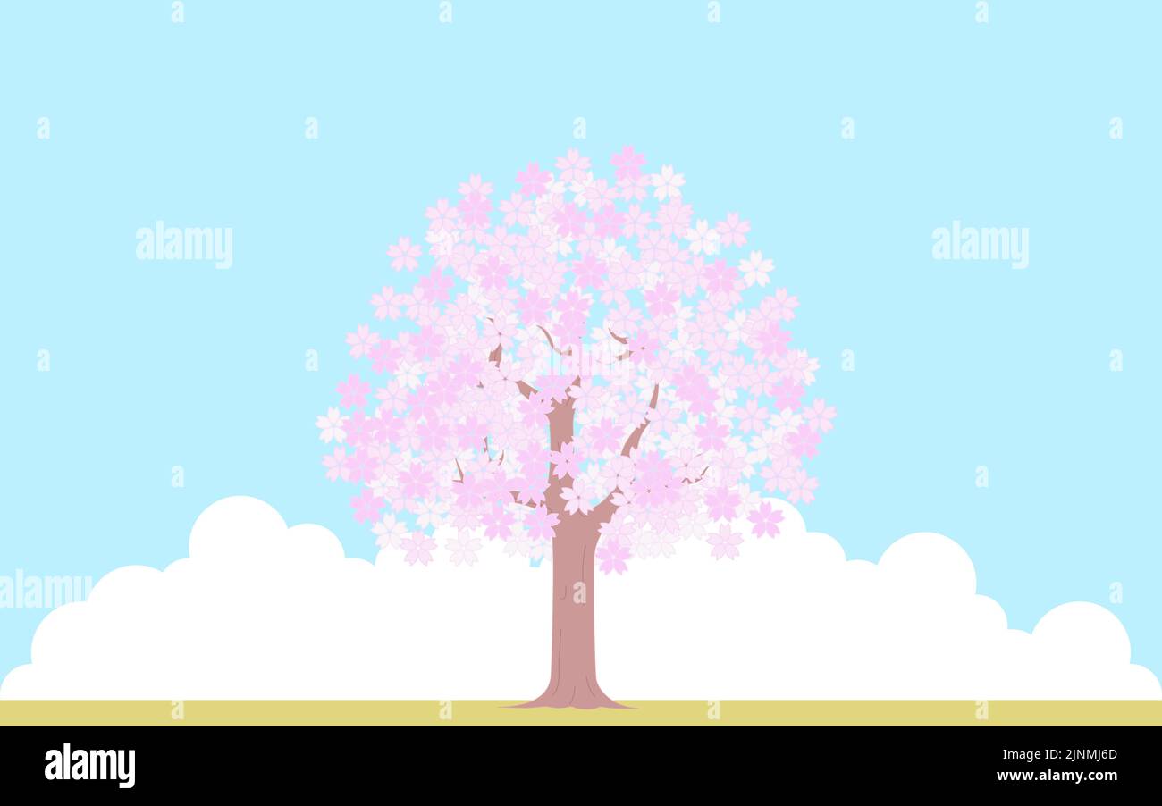 Cherry tree in full bloom, blue sky and cloud background, illustration material Stock Vector