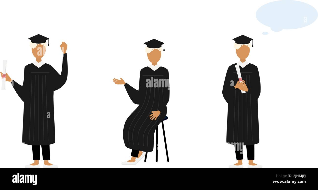 College student in graduation mortarboard and gown, 3 poses Stock Vector