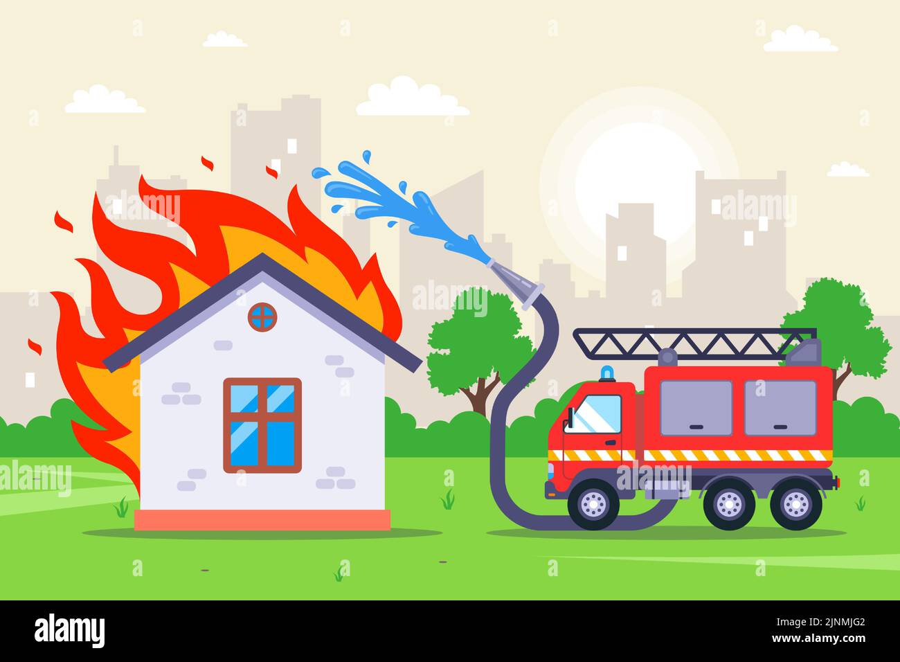 firefighters extinguish a wooden burning house. fire hose with water