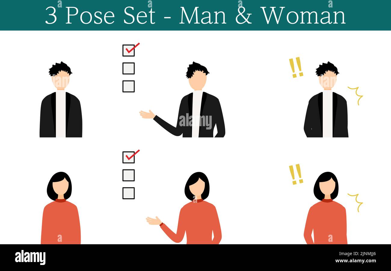 Person's pose set: Face to front, show list, surprise Stock Vector