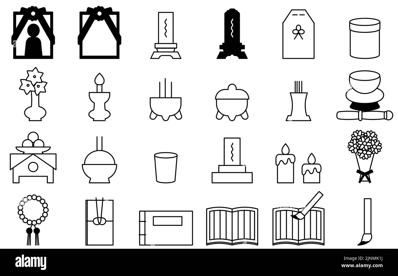 Buddhist funeral icon set, 24 Stock Vector