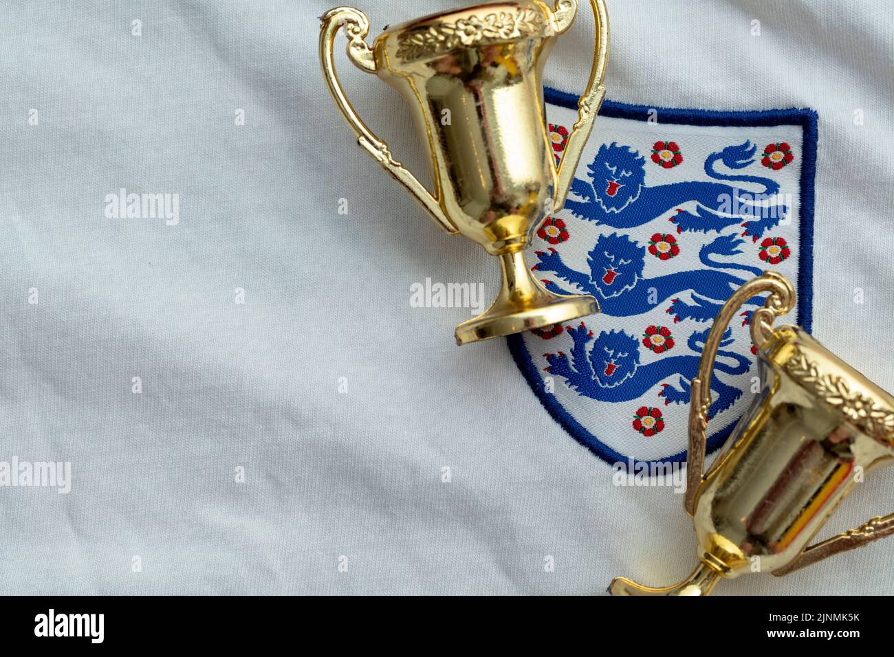 LONDON, UK - August 2022: Three lions national emblem badge on an England football team shirt Stock Photo