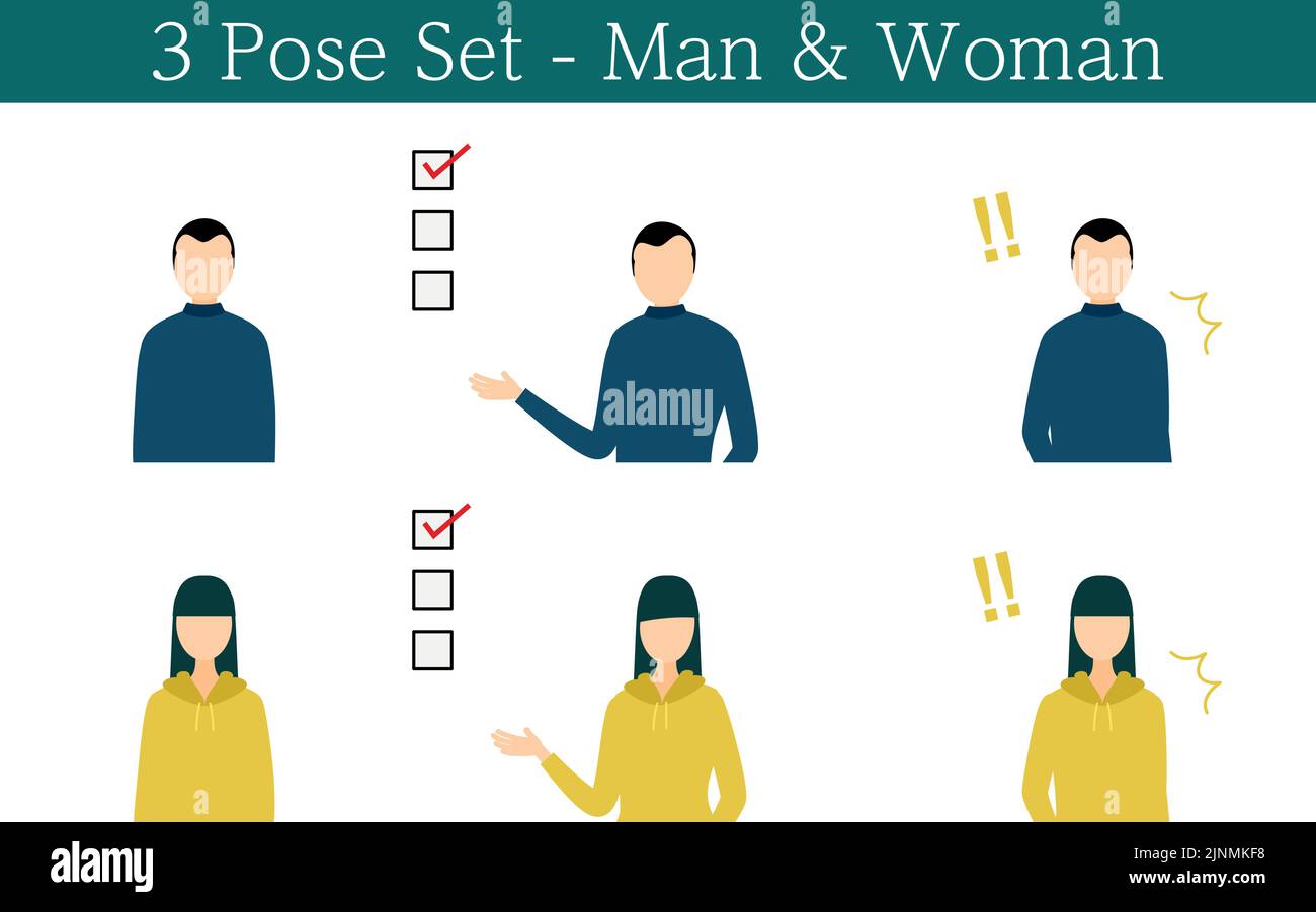 Person's pose set: Face to front, show list, surprise Stock Vector