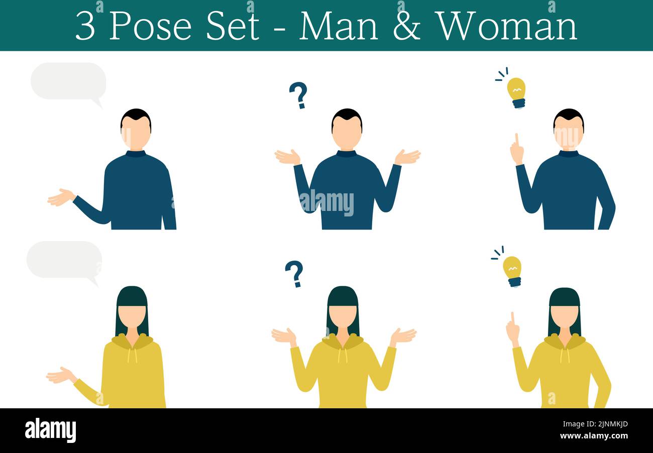 Person pose set Speaking, questioning, solving Stock Vector