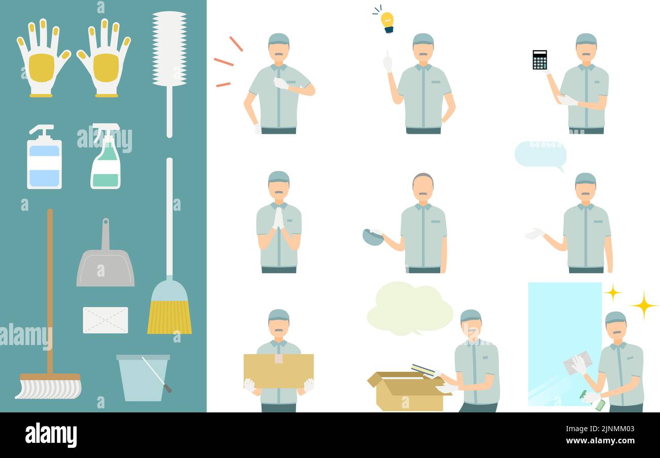 Illustration set of clean staff and cleaning goods, upper body Stock